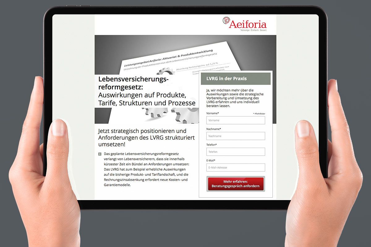 Web design for landing page German Life Insurance Reform Act for Aeiforia GmbH as reference of WOA web design agency
